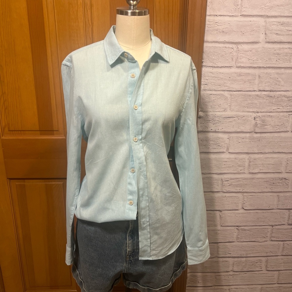 Zara Womens Coastal Resortwear Cotton Blue Long Sleeve Button Down Collar Shirt
